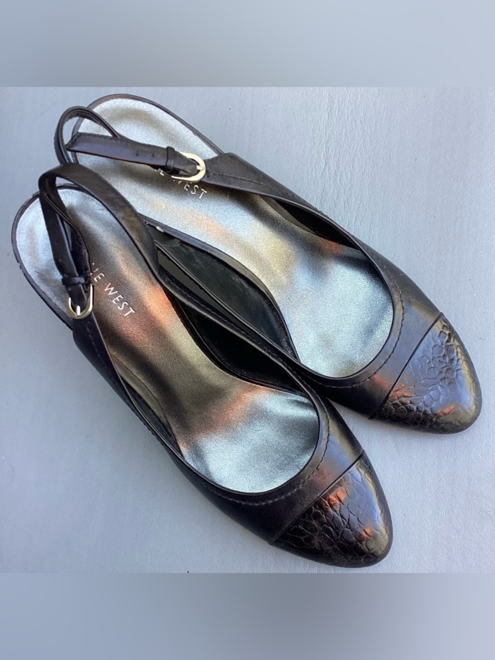 Nine West Black Leather Slingback Pointed-Toe Mules Shoes